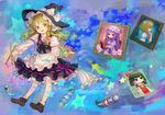  :&lt; alice_margatroid ama-tou apron ascot black_dress blonde_hair book bow braid brown_eyes brown_hair brush bucket capelet dress green_eyes hair_bow hair_ribbon hair_tubes hairband hakurei_reimu hat jitome kirisame_marisa looking_at_viewer open_mouth paint patchouli_knowledge picture_(object) purple_eyes reading ribbon smile solo spilling star touhou traditional_media witch_hat 