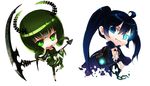  black_hair black_rock_shooter blue_eyes boots bra cape chain green_eyes gun hatsune_miku horns huke katana kuroi_mato long_hair scar scythe shorts sword takanashi_yomi twintails underwear vocaloid weapon 