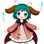  animal_ears antennae bebeneko blush cape child cosplay dress green_eyes green_hair heart_sutra kasodani_kyouko kasodani_kyouko_(cosplay) open_mouth outstretched_arms short_hair simple_background skirt smile solo touhou translated white_background wriggle_nightbug 