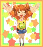  :d arms_up border closed_eyes foreshortening hands hitoto idolmaster idolmaster_(classic) kneehighs looking_at_viewer open_mouth orange_hair outstretched_arms perspective scrunchie skirt smile solo star takatsuki_yayoi twintails white_legwear 