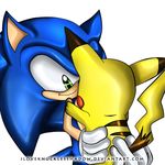  blue crossover fur green_eyes hedgehog iloveknucklesshadow male mammal nintendo pikachu plain_background pok&#233;mon pok&eacute;mon rodent sega smile sonic_(series) sonic_the_hedgehog tail video_games white_background yellow yellow_fur 