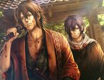  architecture asa_no_ha_(pattern) blood blood_on_face blood_splatter bloody_clothes brown_hair east_asian_architecture hakuouki_shinsengumi_kitan japanese_clothes katana male_focus multiple_boys okita_souji_(hakuouki) pretty270405 purple_hair saitou_hajime_(hakuouki) sheath sword weapon 