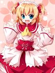  :d ascot bad_id bad_pixiv_id blonde_hair blue_eyes fang highres kuromari_(runia) maid_headdress open_mouth short_twintails smile solo sunny_milk touhou twintails 