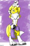  blue_eyes breasts canine chest_tuft claws digimon facial_markings female fox fur looking_at_viewer mammal markings naturally_censored neck_ruff pose purple_background reagan700 renamon solo tail toe_claws tuft white white_fur yellow yellow_fur yin_yang 
