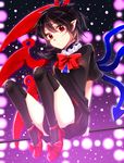  arms_behind_back asymmetrical_wings bad_id bad_pixiv_id black_dress black_hair black_legwear bow danmaku dress high_heels houjuu_nue onyuuuu pointy_ears red_eyes shoes short_dress short_hair sky solo star_(sky) starry_sky thighhighs touhou wings 