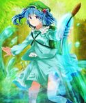  backpack bad_id bad_pixiv_id bag blue_eyes blue_hair boots cattail hair_bobbles hair_ornament hat kawashiro_nitori key onyuuuu plant short_hair skirt smile solo touhou two_side_up wading water 