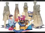  3girls archer artoria_pendragon_(all) blonde_hair blue_eyes bow brother_and_sister crown cup dress_of_heaven dual_persona emiya_kiritsugu emiya_shirou evers family fate/stay_night fate/zero fate_(series) father_and_daughter father_and_son food good_end hotpot illyasviel_von_einzbern irisviel_von_einzbern japanese_clothes kimono kotatsu marionette mother_and_daughter mother_and_son multiple_boys multiple_girls pantyhose puppet rice_cooker saber siblings sitting string sword table thighhighs weapon 