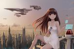  bare_shoulders brown_eyes brown_hair chemise city cityscape cloud collarbone dress dusk long_hair md5_mismatch original realistic ribbon science_fiction sitting sky smile space_craft youbou 