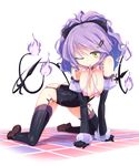  all_fours bare_shoulders breast_squeeze breasts chandelure cleavage costume covered_nipples garter_straps gen_5_pokemon hair_ornament hairclip homura_subaru large_breasts mouth_hold one_eye_closed personification pokemon purple_hair simple_background solo thighhighs white_background yellow_eyes 
