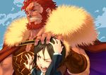  armor beard black_hair brown_eyes cape command_spell facial_hair fate/zero fate_(series) height_difference male_focus multiple_boys pairan petting red_hair rider_(fate/zero) size_difference waver_velvet wince 
