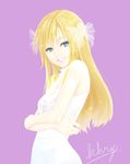  bare_shoulders blonde_hair blue_eyes bow character_request copyright_request dress grin hair_bow halterneck lipstick long_hair makeup saty-rokuji smile solo white_dress 