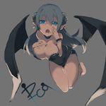  bare_shoulders black_hair blue_eyes bracelet breasts choker cleavage demon_girl demon_wings fang grey_background highres horns jewelry large_breasts long_hair looking_at_viewer multicolored_hair open_mouth original pointy_ears rca signature simple_background solo succubus tan white_hair wings 
