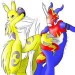  armor blue blue_scales canine claws digimon digitigrade dragon duo facial_markings female flamedramon fox fur gloves horn male mammal markings neck_ruff plain_background reagan700 red_eyes renamon scalie tail white white_background yellow yellow_fur 