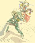  1boy 1girl alternate_costume armor female male milf namco pony_tail ponytail shield siegfried_schtauffen skirt sophitia_alexandra soul_calibur soulcalibur_i sword weapon 