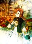  akenoin_soumon brown_eyes brown_hair building cellphone coat frown glasses gloves kiryuu_moeka long_hair phone scarf solo steins;gate 