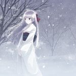  bad_id bad_pixiv_id bow dress expressionless grey_eyes hair_bow hime_cut japanese_clothes kimono long_hair original pale_skin sash silver_(color) silver_hair snowing solo tree white_dress white_skin wind winter yakka yuki_onna 