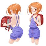  back backless_outfit backpack bag blush brown_eyes brown_hair cropped_legs dual_persona eyelashes glasses naked_overalls no_bra overalls precure randoseru red-framed_eyewear serious shirabe_ako short_hair suite_precure takoyaki_neko-san white_background 