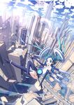  aqua_eyes aqua_hair boots cityscape elbow_gloves falling gloves hatsune_miku hatsune_miku_(append) highres langjiao lens_flare long_hair microphone_stand open_mouth sky smile solo thigh_boots thighhighs twintails very_long_hair vocaloid vocaloid_append 