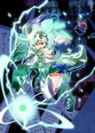  angry armor breasts cleavage dress energy ex-keine green_hair hat hat_loss hat_removed headwear_removed highres horns kamishirasawa_keine long_hair medium_breasts multicolored_hair open_mouth outstretched_arms red_eyes ribbon solo tachiuo_nikominabe tail touhou yoroiden_samurai_troopers 