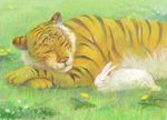  ashinomoto barnaby_brooks_jr bunny faux_traditional_media field grass highres kaburagi_t_kotetsu no_humans sleeping tiger tiger_&amp;_bunny 