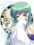  asazuki_kanai bangs bare_shoulders blush breasts chrysanthemum covered_mouth covering_mouth detached_sleeves eyebrows_visible_through_hair eyelashes floral_background flower frog_hair_ornament glowing_petals green_eyes green_hair hair_ornament half-closed_eyes hand_over_own_mouth jitome kochiya_sanae long_hair long_sleeves medium_breasts off_shoulder petals sleeves_past_wrists snake_hair_ornament solo spider_lily touhou upper_body wide_sleeves 