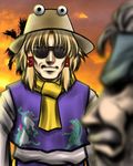  2boys blonde_hair blurry crossover depth_of_field five-seven frog genderswap hat kazuhira_miller male male_focus metal_gear metal_gear_(series) metal_gear_solid metal_gear_solid_peace_walker moriya_suwako multiple_boys naked_snake solid_snake sunglasses sunset touhou 