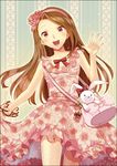  :d bad_id bad_pixiv_id bag blush bow brown_hair dress floral_print hairband handbag idolmaster idolmaster_(classic) long_hair minase_iori nakahara_(fukufuku) open_mouth pink_eyes smile solo stuffed_animal stuffed_bunny stuffed_toy 