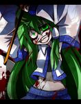  armpits belly blood blood_on_face constricted_pupils crazy crazy_eyes detached_sleeves green_eyes green_hair highres kochiya_sanae long_hair nosada pale_skin skirt smile solo touhou white_skin 