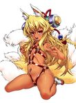  animal_ears blonde_hair flat_chest fox_tail highres izuna_(shinrabanshou) kei_(bekei) long_hair multiple_tails navel_piercing nipple_piercing nipples piercing shinrabanshou simple_background sitting solo tail wariza 