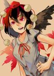  black_hair black_wings bow brown_background buttons face hand_on_hip hat leaf looking_at_viewer maple_leaf open_mouth pink_eyes pom_pom_(clothes) qiangzi ribbon shameimaru_aya short_hair short_sleeves simple_background smile solo tokin_hat touhou wings 