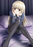  bed black_legwear blonde_hair blush crotch_seam glasses hands_on_own_cheeks hands_on_own_face long_hair mushoku_no_hourousha panties panties_under_pantyhose pantyhose perrine_h_clostermann sitting smile solo strike_witches underwear white_panties world_witches_series yellow_eyes 
