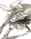  androgynous bad_id bad_pixiv_id barefoot blonde_hair darkwinslow enkidu_(fate/strange_fake) fate/strange_fake fate_(series) glowing glowing_eyes green_hair highres long_hair male_focus polearm solo spear weapon yellow_eyes 