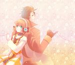  1girl alvin_(tales) back-to-back bad_id bad_pixiv_id bow brown_hair couple gloves green_eyes hair_ribbon hairband hapu hetero leia_rolando pinky_out red_string ribbon short_hair smile string tales_of_(series) tales_of_xillia 