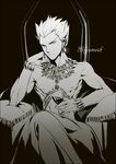  alcohol bad_id bad_pixiv_id earrings fate/stay_night fate_(series) gilgamesh jewelry male_focus monochrome necklace shirtless sitting solo tekla throne wine 