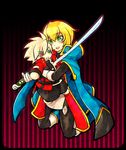  arc_system_works blazblue blazblue:_calamity_trigger blonde_hair green_eyes jin_kisaragi katana kisaragi_jin male male_focus ragna_the_bloodedge short_hair smile sword weapon white_hair 