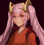  1girl adricarra artist_name closed_mouth dark_skin fire_emblem fire_emblem_heroes hair_ornament japanese_clothes kimono laevateinn_(fire_emblem_heroes) long_hair nintendo pink_hair red_eyes simple_background smile solo twintails 