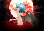  bat_wings blood blue_hair from_behind full_moon moon no_hat no_headwear nude partially_submerged pool_of_blood red_eyes red_moon remilia_scarlet short_hair slit_pupils solo touhou upper_body wings yutamaro 