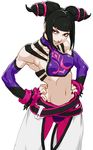  1girl bare_shoulders belt black_hair bracelet breasts capcom elbow_gloves fingerless_gloves gloves han_juri jewelry nail_polish navel oetaro panties pants pink_eyes sideboob solo spiked_bracelet spikes street_fighter street_fighter_iv tubetop underwear 