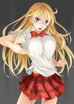  ben-tou blonde_hair blue_eyes breasts chopsticks covered_nipples glasses highres large_breasts long_hair mukunokino_isshiki plaid plaid_skirt school_uniform serious shaga_ayame skirt solo 