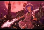  ascot bad_id bad_pixiv_id bat_wings blurry clock clock_tower full_moon grin kurione_(zassou) letterboxed moon night petals purple_hair red_eyes red_moon remilia_scarlet scarlet_devil_mansion shirt short_hair skirt skirt_set smile solo spear_the_gungnir thighhighs touhou tower white_legwear wings wrist_cuffs zettai_ryouiki 