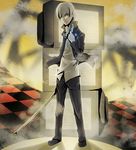  23ichiya bad_aspect_ratio bad_id bad_pixiv_id blue_eyes grey_hair katana male_focus narukami_yuu persona persona_4 school_uniform solo sword weapon 