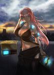  blue_eyes breasts cityscape cleavage ekoda_(piapro) headphones huge_breasts long_hair megurine_luka pink_hair solo vocaloid 