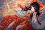  ascot bad_id bad_pixiv_id black_hair bow brown_eyes detached_sleeves hair_bow hair_tubes hakurei_reimu midriff oil_painting_(medium) rin-t_(superhornet) skirt solo touhou traditional_media 