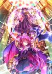  bat_wings belt bookshelf bow crystal dabadhi detached_sleeves glasses hat head_wings highres koakuma library long_hair magic_circle multiple_girls patchouli_knowledge purple_eyes purple_hair red_eyes red_hair scythe stained_glass thighhighs touhou voile wings zettai_ryouiki 