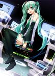  bad_id bad_pixiv_id boots detached_sleeves green_eyes green_hair hatsune_miku long_hair necktie open_mouth rituiti sitting skirt solo thigh_boots thighhighs twintails very_long_hair vocaloid 
