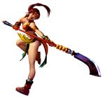  armlet ass bare_legs boots breasts brown_hair fingerless_gloves glaive gloves headband kawano_takuji medium_breasts namco official_art panties polearm ponytail seong_mi-na solo soulcalibur soulcalibur_ii standing standing_on_one_leg strapless tubetop underwear weapon 