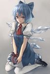  ascot bad_id bad_pixiv_id blue_eyes blue_hair blue_skirt bow cirno gift hair_bow holding holding_gift ice ice_wings mary_janes pantyhose shoes short_hair simple_background sitting skirt solo touhou wariza white_legwear wings xiao_qiang_(overseas) 
