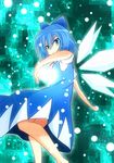  absurdres aqua_eyes bare_legs blue_dress blue_hair bow cirno dress hair_bow highres open_mouth short_hair solo touhou wings yutamaro 