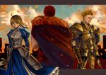  2boys ahoge armor armored_dress artoria_pendragon_(all) blonde_hair cape cyrushisa dress earrings excalibur fate/zero fate_(series) gauntlets gilgamesh green_eyes hair_ribbon jewelry leaf multiple_boys red_eyes red_hair ribbon rider_(fate/zero) saber short_hair sword weapon 