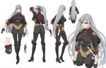  adjusting_hair boots breasts character_sheet gloves grey_hair knee_boots large_breasts long_hair military military_uniform official_art pantyhose ponytail rapier red_eyes selvaria_bles senjou_no_valkyria silver_hair sword uniform weapon 